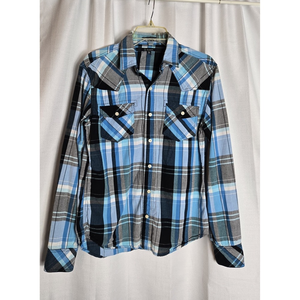 CJ Black Medium Slim Fit Mens Western Shirt Blue Black Gray Plaid‎ Long Sleeve